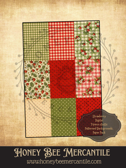 Strawberry Paper Pack Patterns, 8x10 backgrounds, Set of 9, Vintage Primitive Farmhouse,  Digital Download Printable Sublimation Decoupage