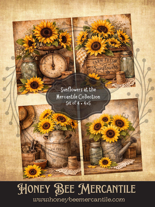 Sunflowers at the Mercantile Collection, Instant Download, Set of 4, Printable, Decoupage, Vintage, Primitive, Craft Supplies, 4x5 inch