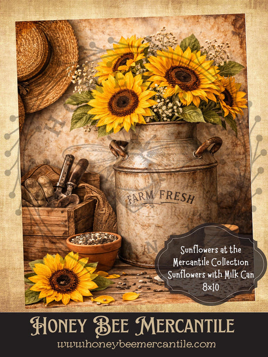 Sunflowers at the Mercantile Collection, Sunflowers and Milk Can, 8x10, Digital Download, Printable, Decoupage, Vintage, Primitive, Craft