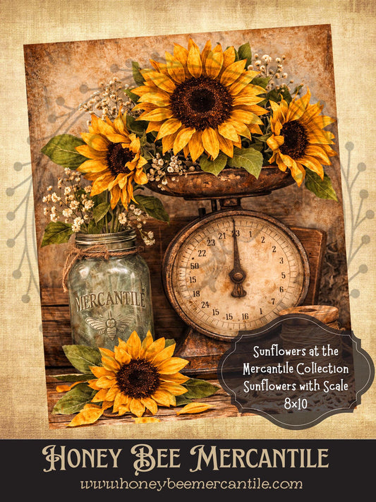 Sunflowers at the Mercantile Collection, Sunflowers and Scale, 8x10, Digital Download, Printable, Decoupage, Vintage, Primitive, Craft
