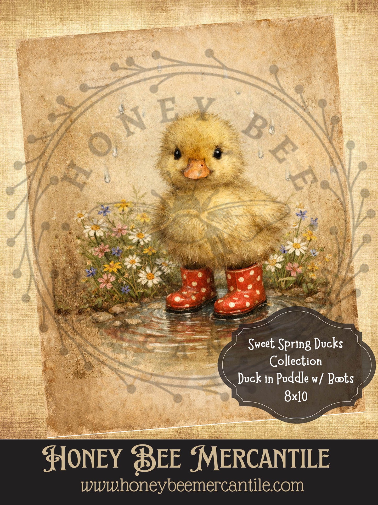 Sweet Spring Ducks Collection, Duck with Boots In Puddle, 8x10, Digital Download, Printable, Decoupage, Vintage, Primitive, Craft Supplies