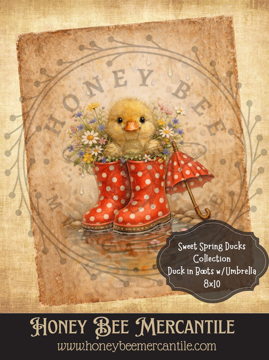 Sweet Spring Ducks Collection, Duck With Boots With Umbrella , 8x10, Digital Download, Printable, Decoupage, Vintage, Primitive, Craft
