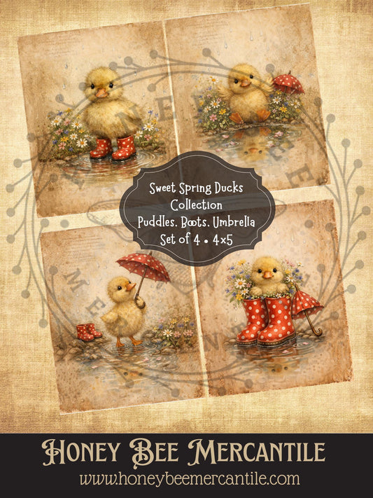 Sweet Spring Ducks Collection - Puddle, Boots, Umbrella, Instant Download, Set of 4, Printable, Decoupage, Vintage, Primitive, Craft Supplies, 4x5 inch