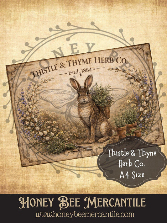Thistle and Thyme Herb Co, Rabbit and Herbs, Instant Download, Florals, Vintage, Printable, Decoupauge, A-4 size