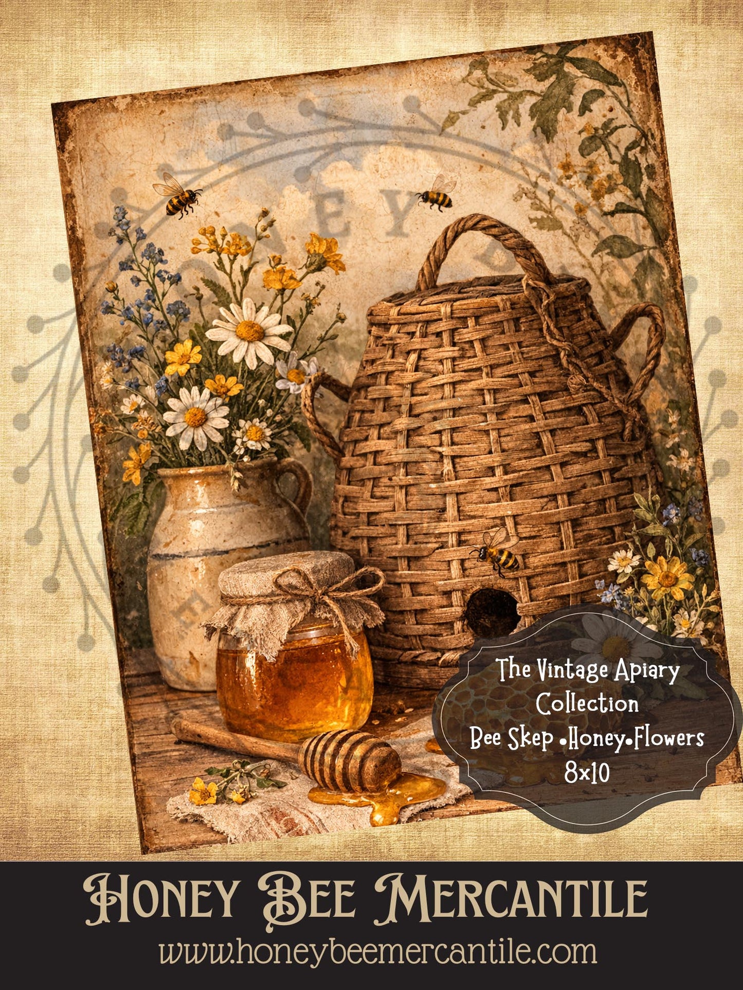 MSC Vintage Apiary Collection, Bee Skep, Honey, Wildflowers, 8x10, Digital Download, Printable, Decoupage, Vintage, Primitive, Craft Supplies