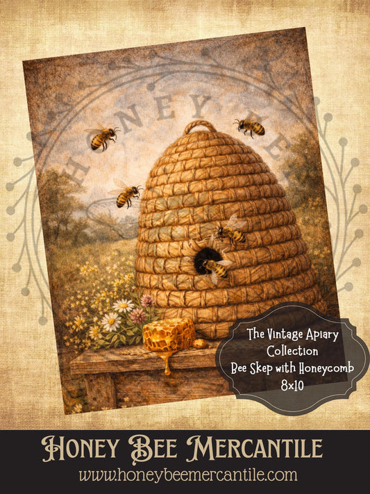 Vintage Apiary Collection, Bee Skep with Honeycomb, 8x10, Digital Download, Printable, Decoupage, Vintage, Primitive, Craft Supplies
