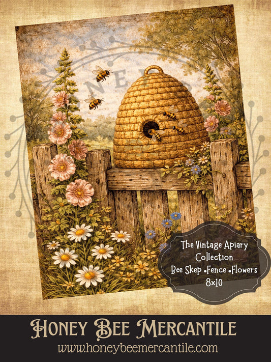 Vintage Apiary Collection, Bee Skep, Fence, Flowers, 8x10, Digital Download, Printable, Decoupage, Vintage, Primitive, Craft Supplies