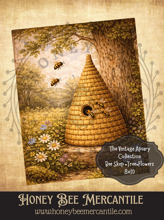 Vintage Apiary Collection, Bee Skep Tree and Flowers, Digital Download, Printable, Decoupage, Vintage, Primitive, Craft