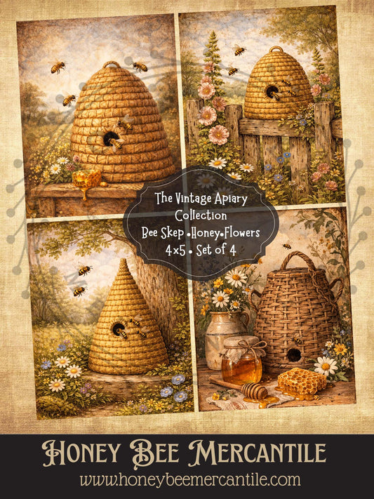 Vintage Apiary Collection, Bee Skep, Honey, Flowers, Set of 4, Digital Download, Printable, Decoupage, Vintage, Primitive, Craft Supplies, 4x5 inch