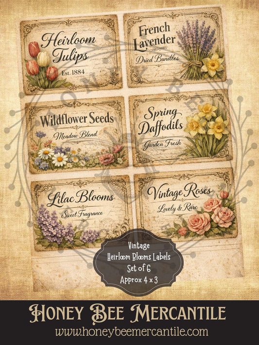 Vintage Heirloom Blooms Labels, Set of 6 prints - 4x3 size, Instant Download, Florals, Vintage, Printable, Decoupauge