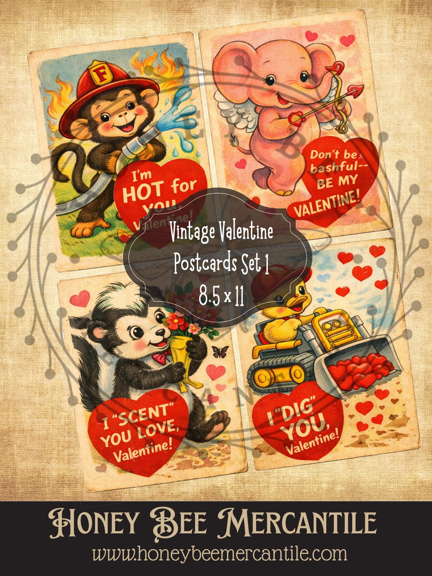 4x5 Vintage Valentine Postcards, Digital Download, Printable, Decoupage, Primitive, Craft Supplies, Set of 4, Set 1