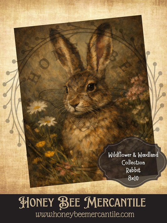 Wildflower and Woodland Collection, Bunny Rabbit, 8x10, Digital Download, Printable, Decoupage, Vintage, Primitive, Craft Supplies