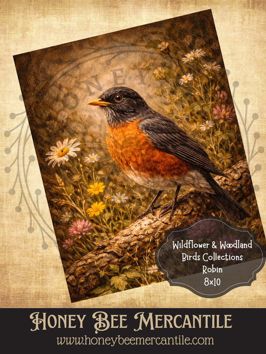 Wildflower and Woodland Birds, Robin, 8x10, Digital Download, Printable, Decoupage, Vintage, Primitive, Craft Supplies