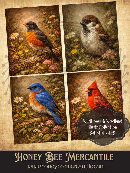 Wildflower and Woodland Birds, Set of 4, Digital Download, Printable, Decoupage, Vintage, Primitive, Craft Supplies, 4x5 inch