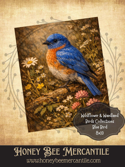 Wildflower and Woodland Birds, Blue Bird, 8x10, Digital Download, Printable, Decoupage, Vintage, Primitive, Craft Supplies