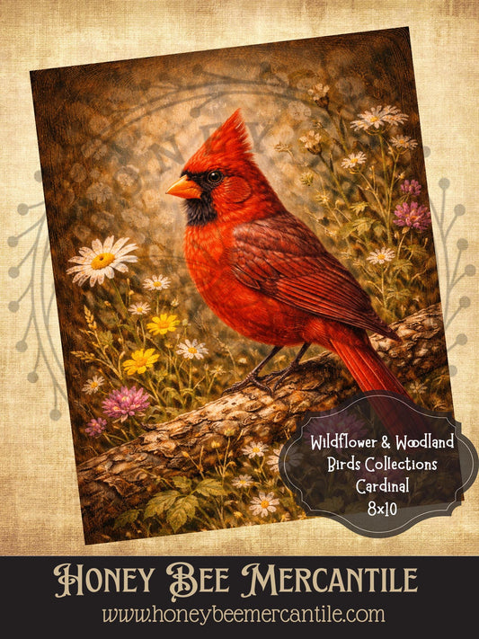 Wildflower and Woodland Birds, Cardinal, 8x10, Digital Download, Printable, Decoupage, Vintage, Primitive, Craft Supplies