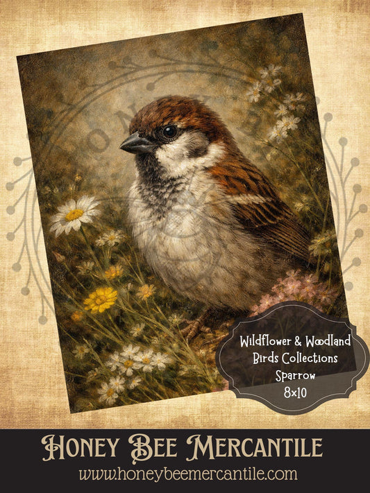 Wildflower and Woodland Birds, Sparrow, 8x10, Digital Download, Printable, Decoupage, Vintage, Primitive, Craft Supplies