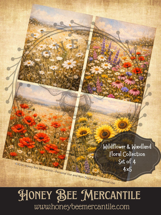 Wildflower and Woodland Floral Collection, Set of 4, Digital Download, Printable, Decoupage, Vintage, Primitive, Craft Supplies, 4x5 inch
