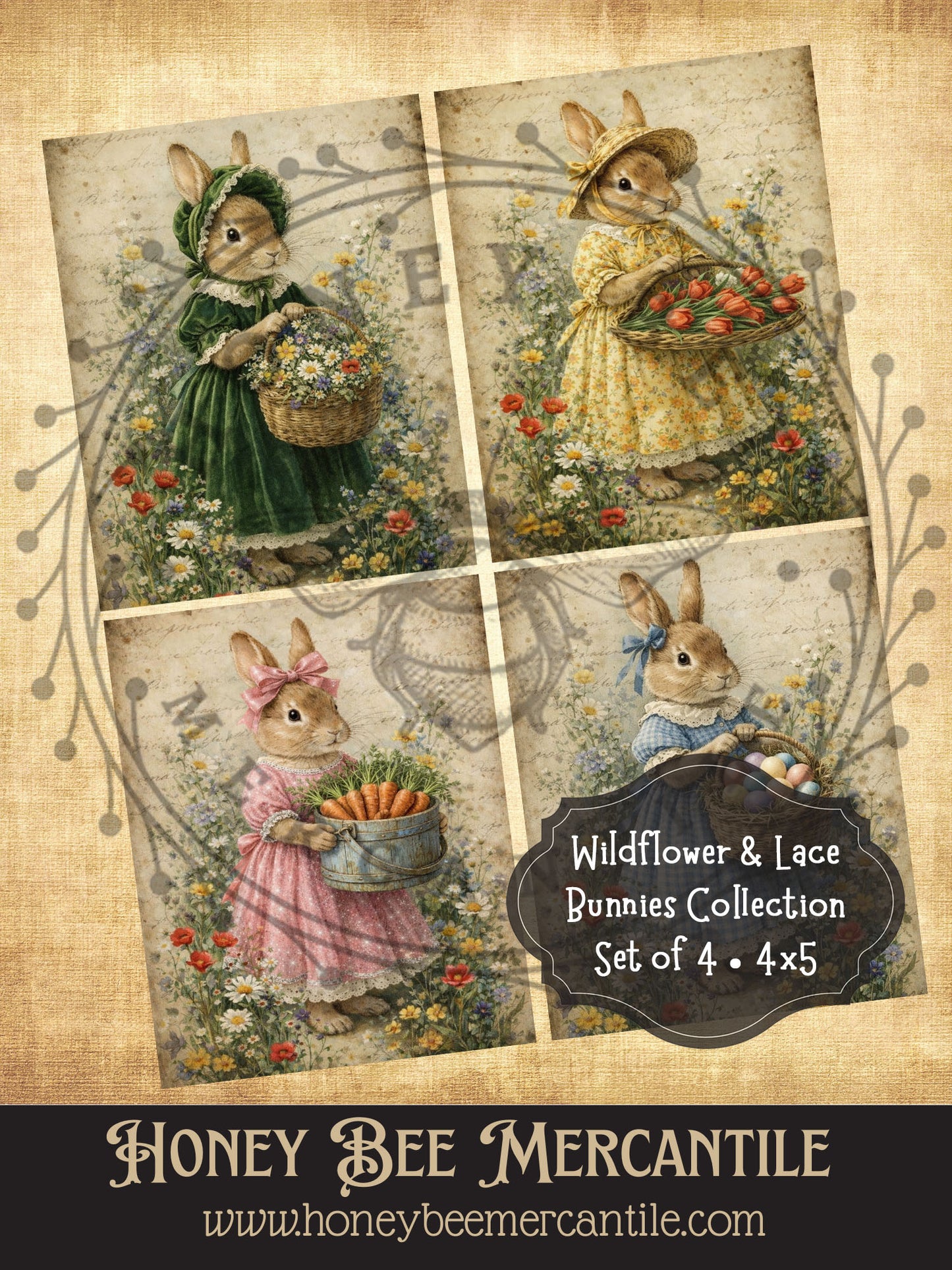 Wildflower & Lace Bunnies Collection, Easter, Spring, Primitive Bunnies Instant Digital Download, Printable, Vintage, Set of 4, 4x5"