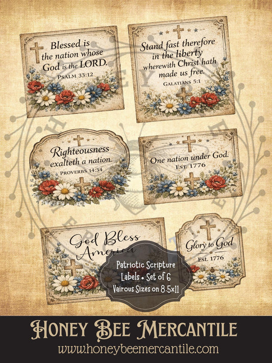 Patriotic Scripture Labels, Set of 6 prints - 4x3 size, Instant Download, Florals, Vintage, Printable, Decoupauge