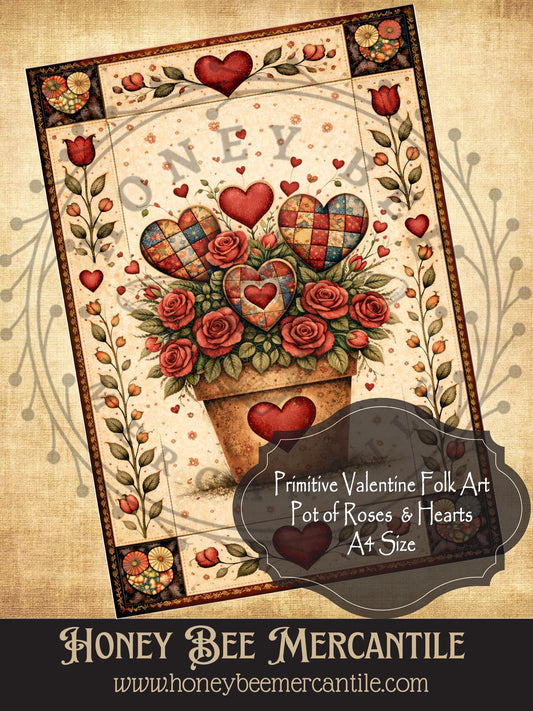 DIGITAL DOWNLOAD Vintage, Primitive Farmhouse, Craft Supplies, Decoupage, Folk-art, Folk Art, Valentine, Flower Pot, Roses