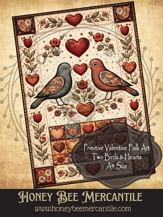 DIGITAL DOWNLOAD Vintage, Primitive Farmhouse, Craft Supplies, Decoupage, Folk-art, Folk Art, Valentine, Two Birds, Hearts