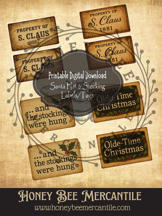 Primitive Christmas Labels & Tags – Property of S Claus -- Olde-Time Holiday Collection Digital Download ONLY