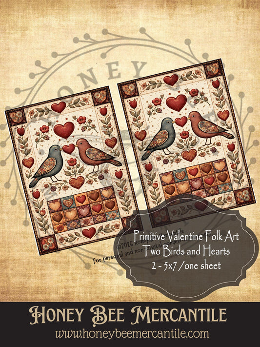 DIGITAL DOWNLOAD Vintage, Primitive Farmhouse, Craft Supplies, Decoupage, Folk-art, Folk Art, Valentine, 2-5x7, Two Birds, Hearts