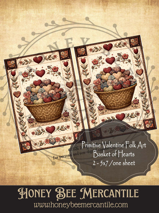 DIGITAL DOWNLOAD Vintage, Primitive Farmhouse, Craft Supplies, Decoupage, Folk-art, Folk Art, Valentine, 2-5x7, Basket of Hearts