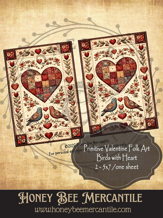 DIGITAL DOWNLOAD Vintage, Primitive Farmhouse, Craft Supplies, Decoupage, Folk-art, Folk Art, Valentine, 2-5x7, Heart and Birds