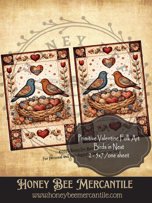 DIGITAL DOWNLOAD Vintage, Primitive Farmhouse, Craft Supplies, Decoupage, Folk-art, Folk Art, Valentine, 2-5x7, Birds, Nest
