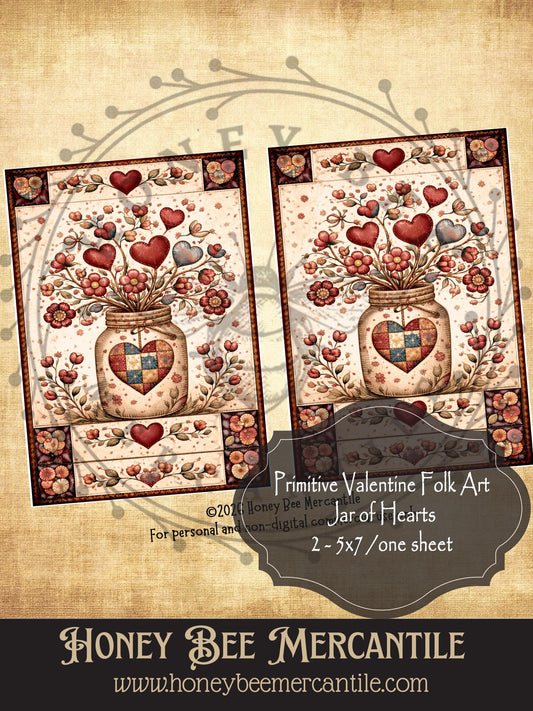 DIGITAL DOWNLOAD Vintage, Primitive Farmhouse, Craft Supplies, Decoupage, Folk-art, Folk Art, Valentine, 2-5x7, Jar of Hearts