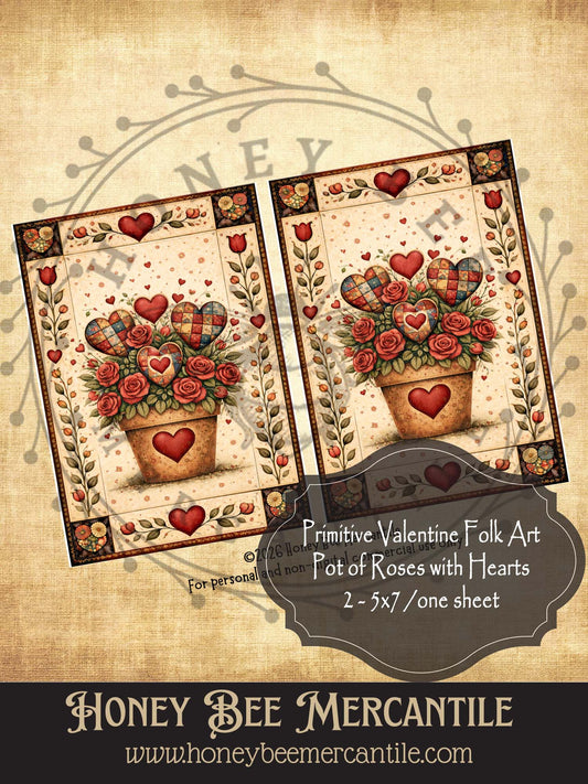 DIGITAL DOWNLOAD Vintage, Primitive Farmhouse, Craft Supplies, Decoupage, Folk-art, Folk Art, Valentine, 2-5x7, Flower Pot, Roses