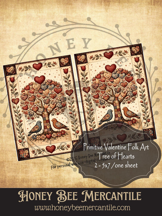 DIGITAL DOWNLOAD Vintage, Primitive Farmhouse, Craft Supplies, Decoupage, Folk-art, Folk Art, Valentine, 2-5x7, Tree of Hearts, Birds