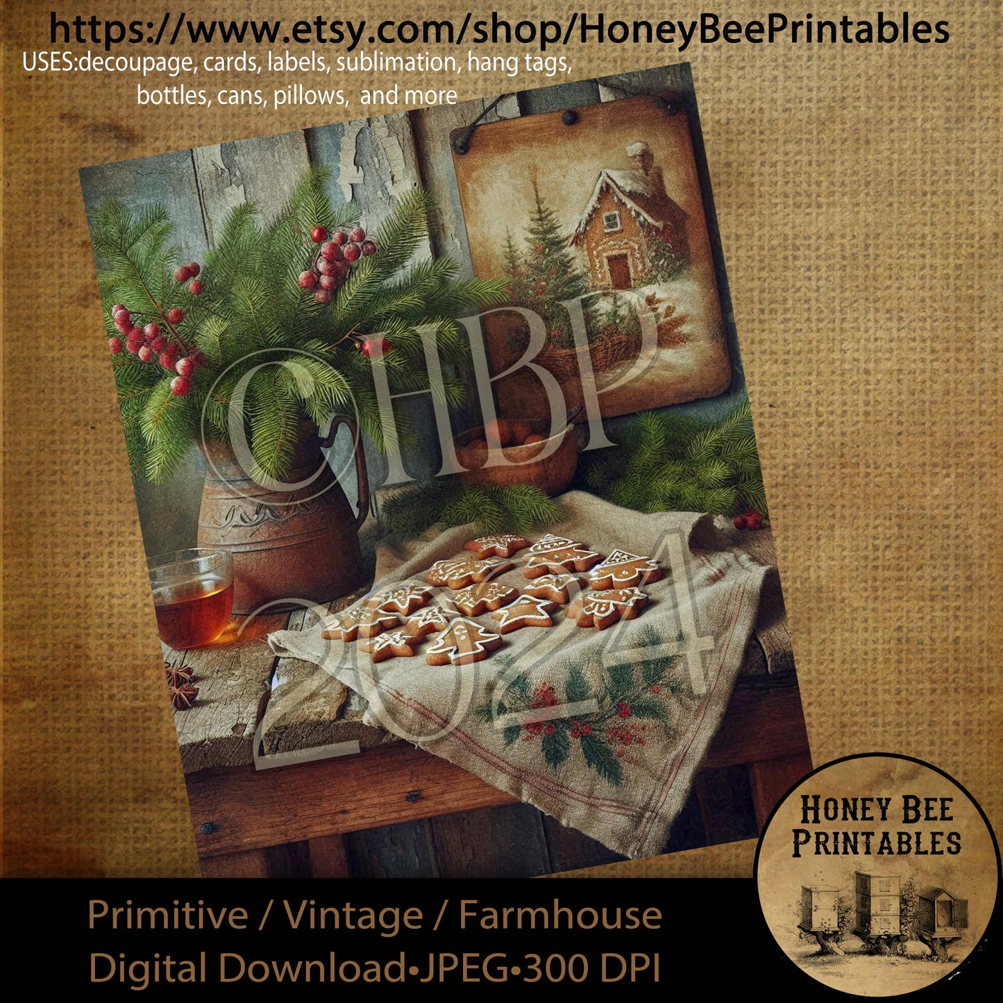 Digital Download, Printable, Decoupage, Primitive, Farmhouse, Craft Supplies, Gingerbread Cookies, Gingerbread, Christmas, Berries, Cookies