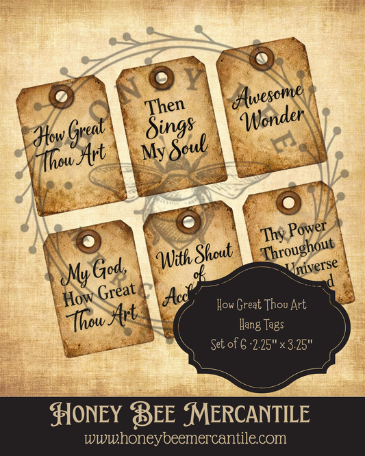 DIGITAL DOWNLOAD Vintage, Primitive Farmhouse, Craft Supplies, Decoupage, Primitive, Grunge How Great Thou Art Hang Tags, Set of 6