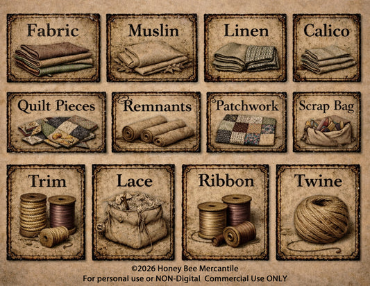 Fabric Sewing Labels - Digital Download, Printable, Decoupage, Vintage, Set of 12, Primitive Labels