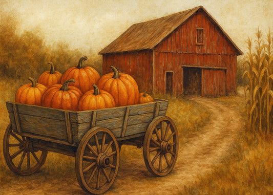 Old Barn and Pumpkins 5x7