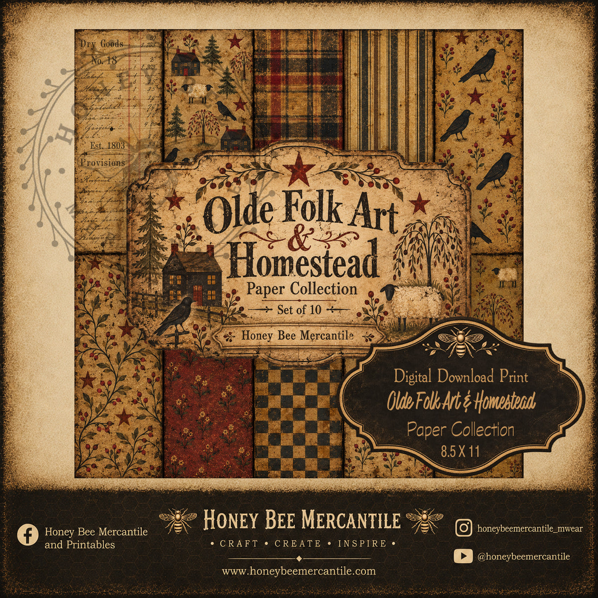 Olde Folk Art and Homestead Collection, Paper Pack Collection, 8x10s, Set of 10, Digital Download, Printable, Decoupage, Craft Supplies
