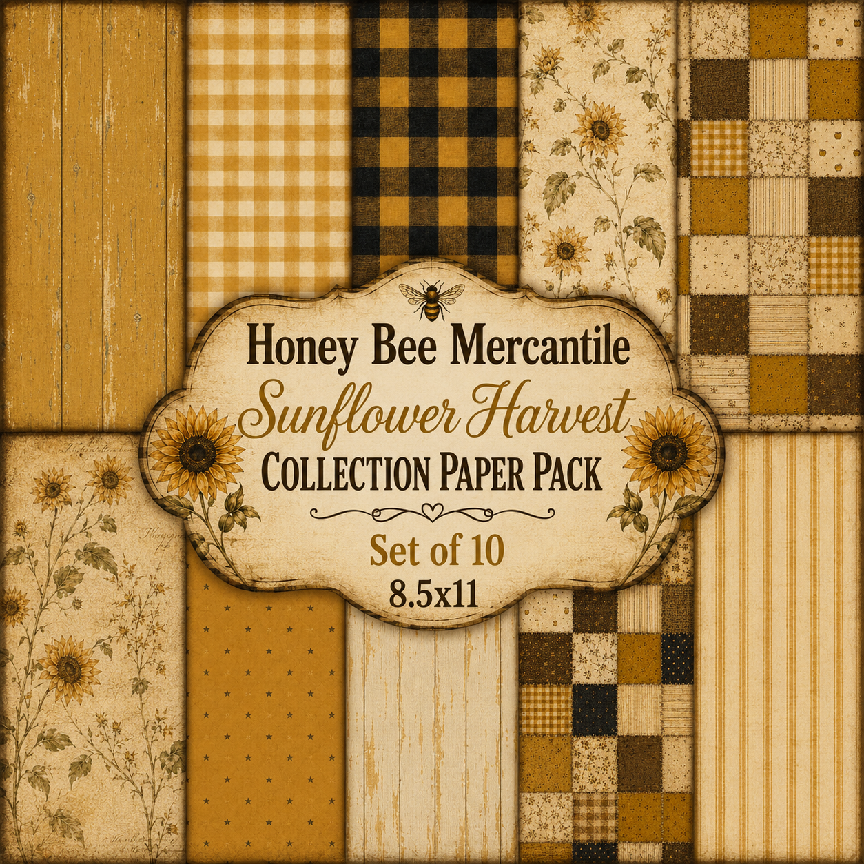 Sunflower Harvest Scrapbook Background Papers, Set of 10, Digital Download, Printable, Decoupage, Craft Supplies