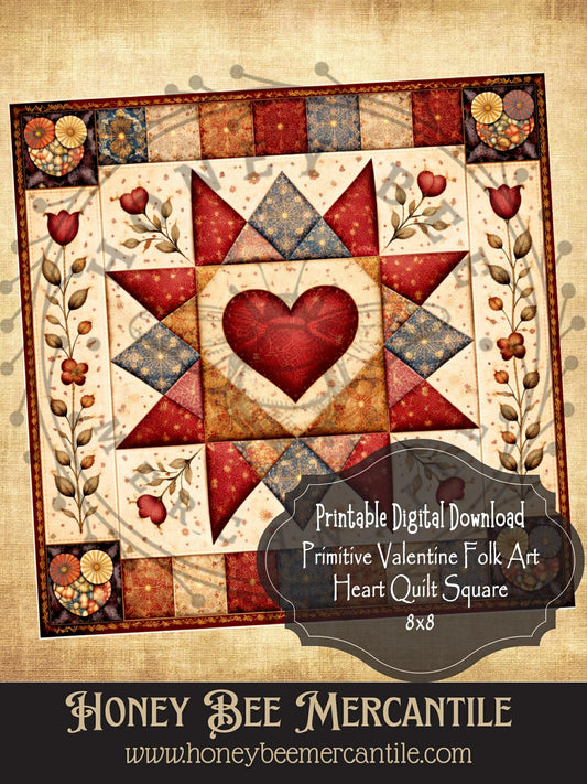 DIGITAL DOWNLOAD Valentine Barn Quilt Printable: Primitive Valentine Folk Art Heart Quilt (8x8 Digital Download)