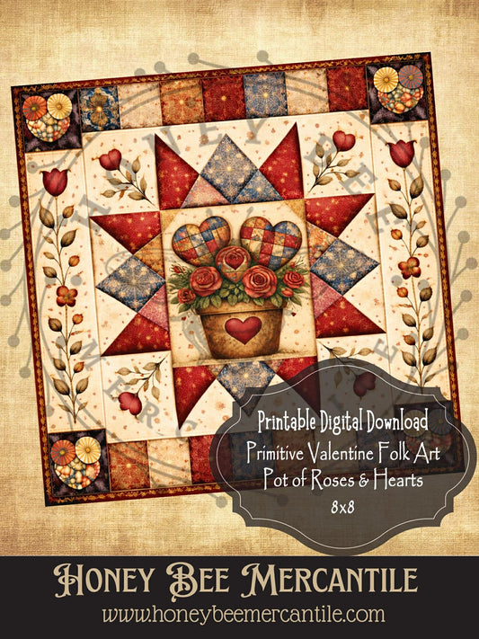 DIGITAL DOWNLOAD Valentine Barn Quilt Printable: Primitive Valentine Folk Art Pot of Roses and Heart Quilt (8x8 Digital Download)