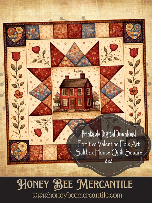 DIGITAL DOWNLOAD Valentine Barn Quilt Printable: Primitive Valentine Folk Art Saltbox House Quilt (8x8 Digital Download)