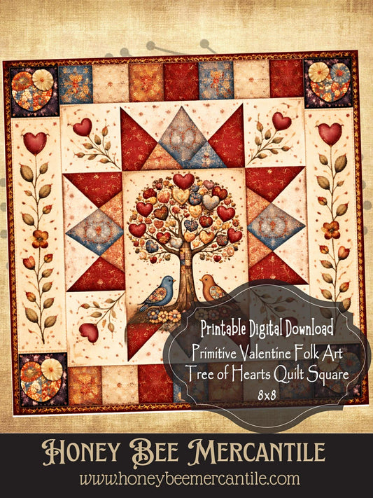 DIGITAL DOWNLOAD Valentine Barn Quilt Printable: Primitive Valentine Folk Art Tree of Hearts Quilt (8x8 Digital Download)