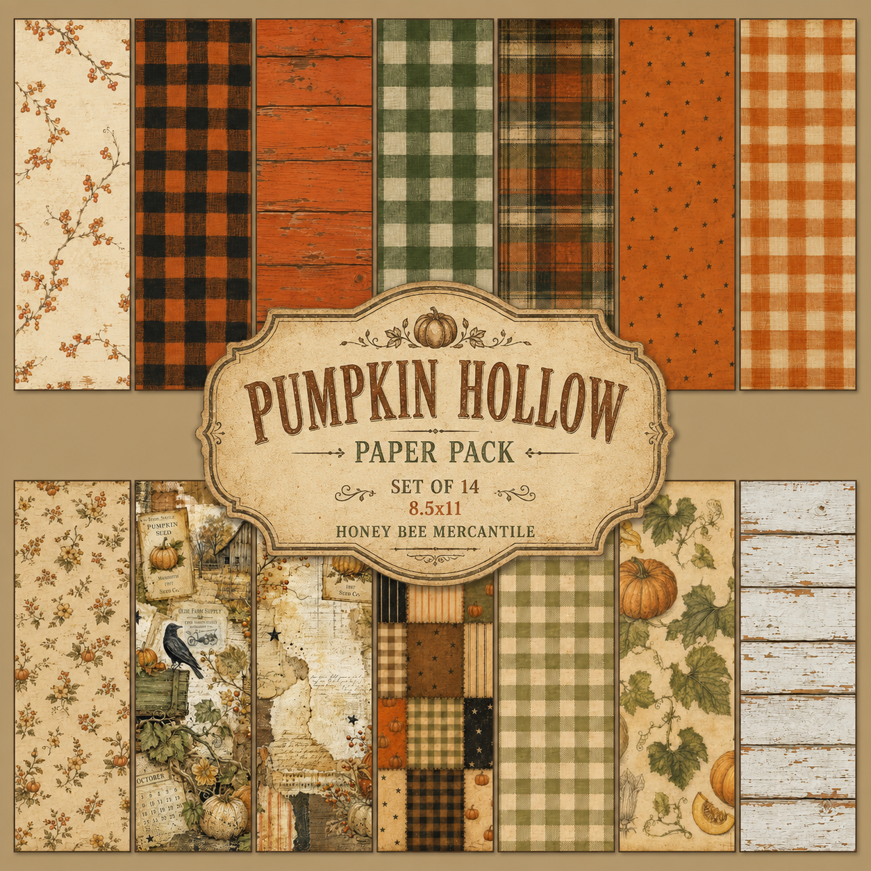 Pumpkin Hollow Collection, Paper Pack, Digital Download, Printable, Decoupage, Craft Supplies, Set of 14 Papers, 8.5x11