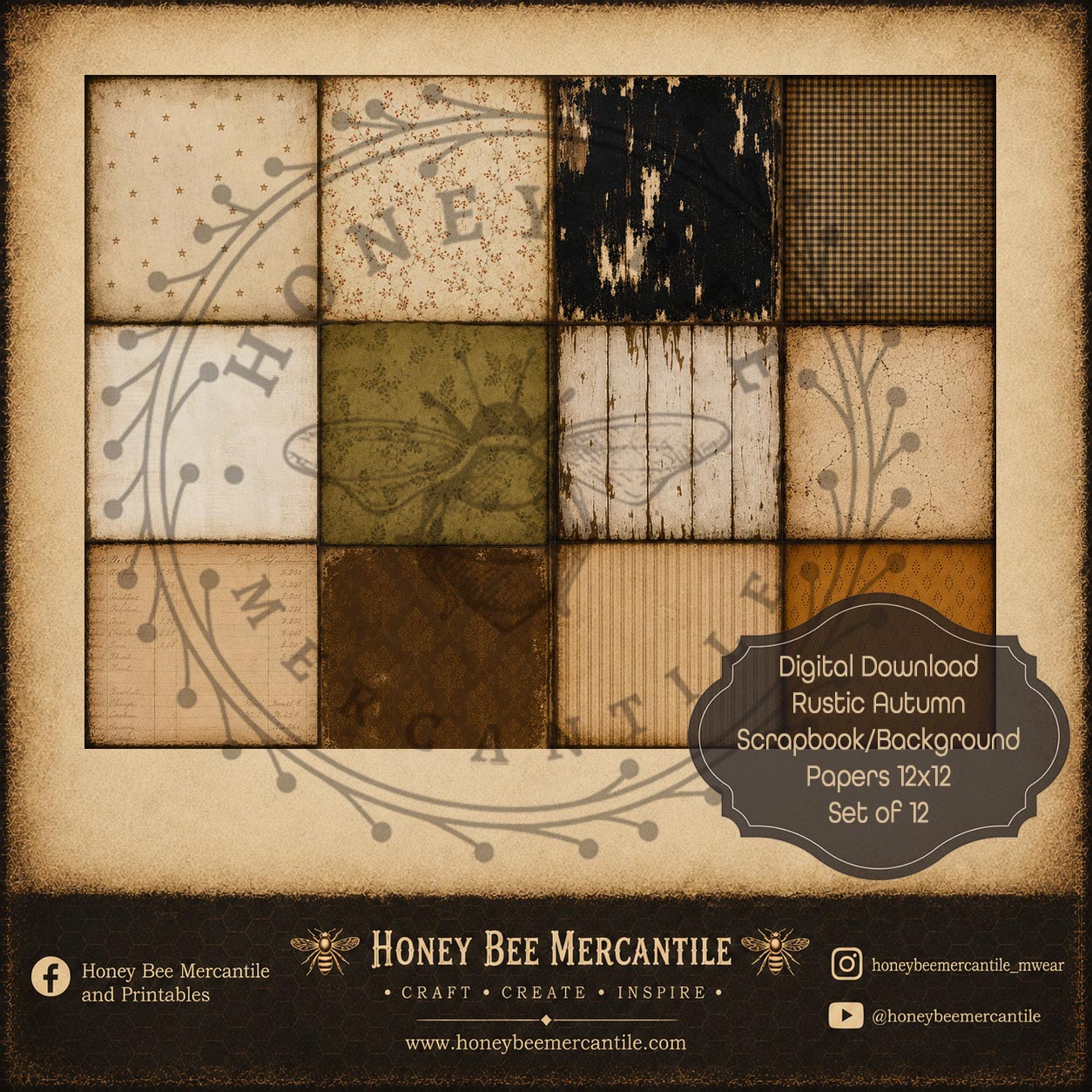 Rustic Autumn Scrapbook Background Papers, Set of 12, Digital Download, Printable, Decoupage, Craft Supplies