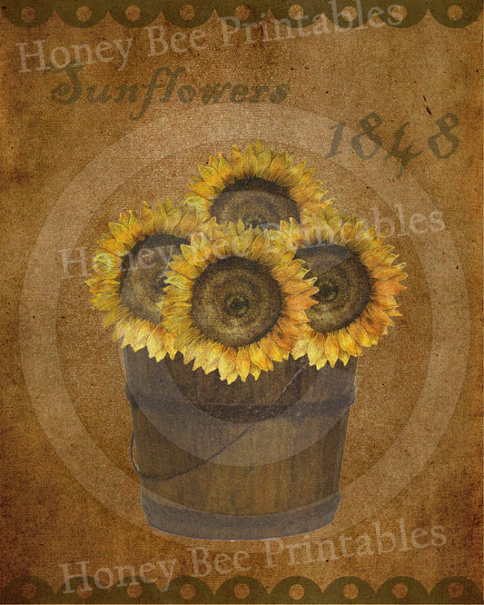 Primitive Sunflower Fall Autumn Bucket - 8x10 Instant Art - Card Making -  Instant Download - JPEG-