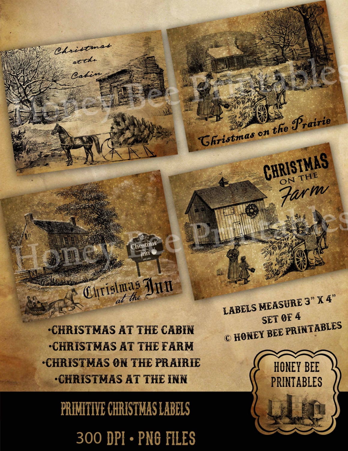 Primitive Early Days Christmas Farm Inn Prairie Cabin- Farmhouse Pantry Labels - Instant Download - JPEG - You Print