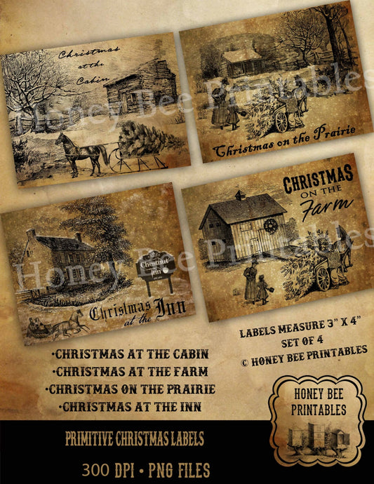 Primitive Early Days Christmas Farm Inn Prairie Cabin- Farmhouse Pantry Labels - Instant Download - JPEG - You Print