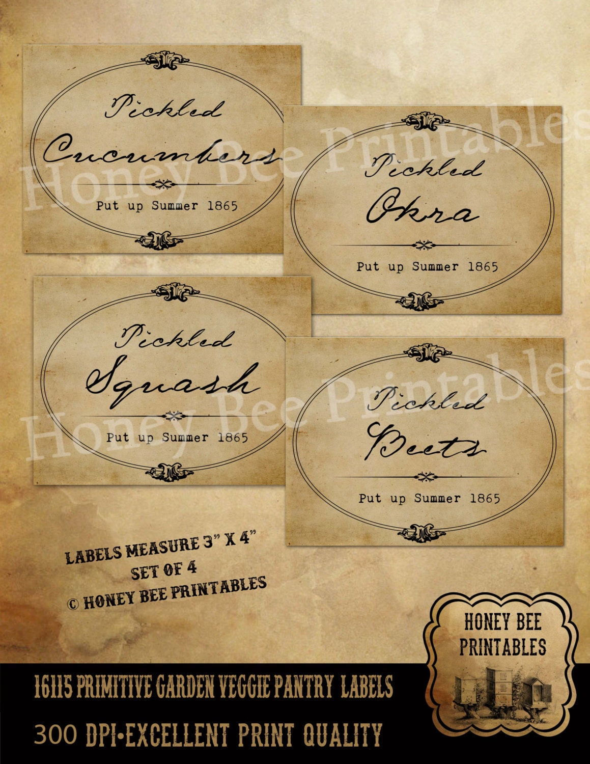 Primitive Early Days Garden Vegetable Kitchen - Farmhouse Pantry Labels - Instant Download - JPEG - You Print Set #1